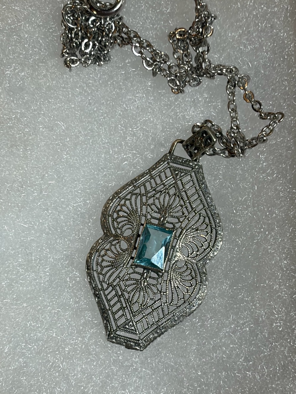 Art Deco Ornate Filigree Pendant With Light Blue Glass Stone Necklace